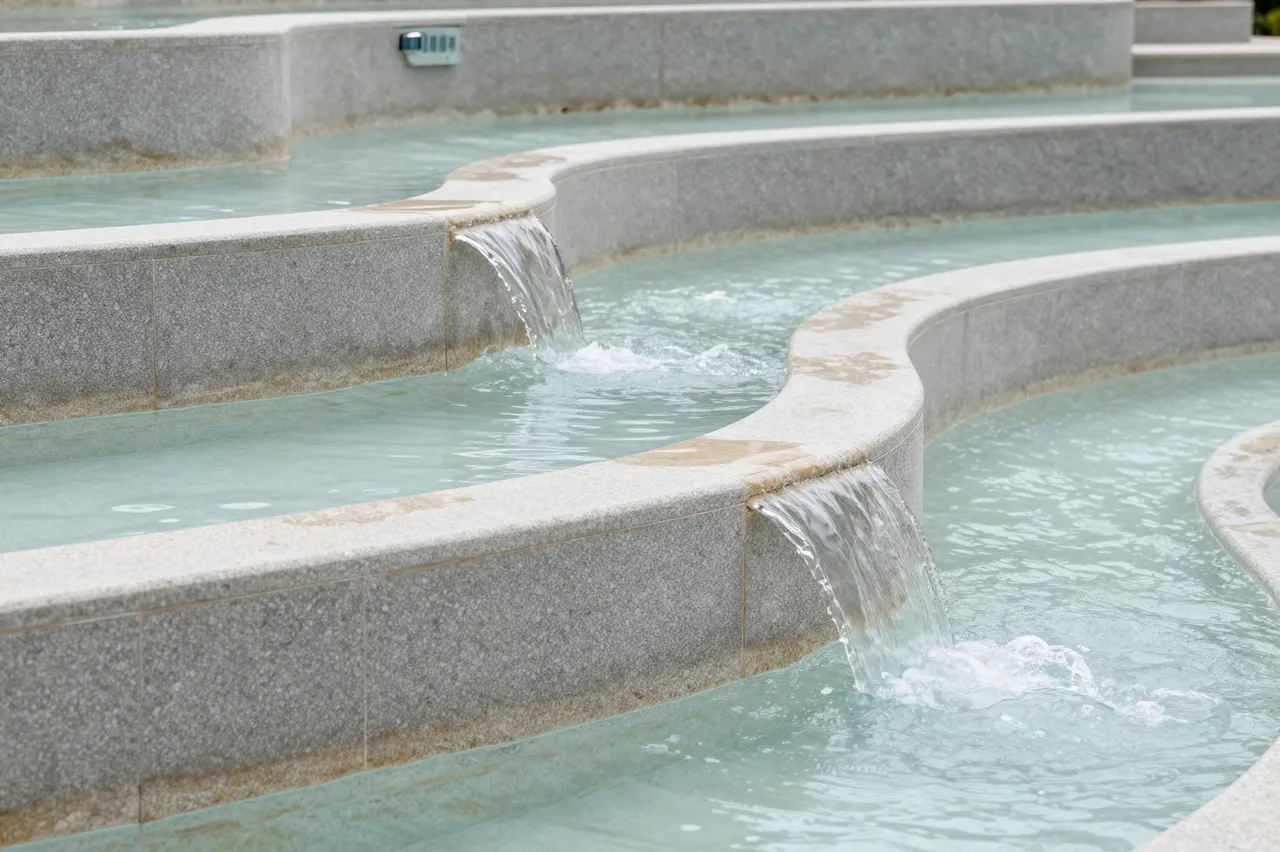 Curved terraced stone pools have clear turquoise water spilling gently over their tiered edges