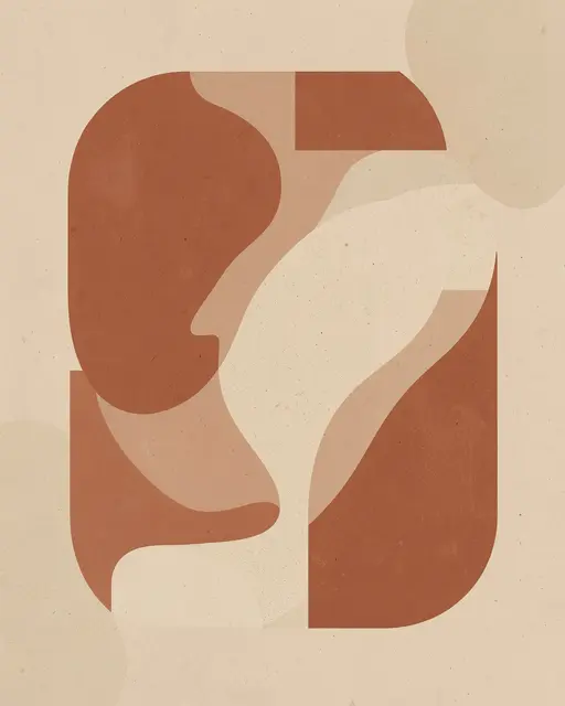 Minimalist overlapping curved geometric shapes in terracotta and warm sand tones with a subtle textured paper finish