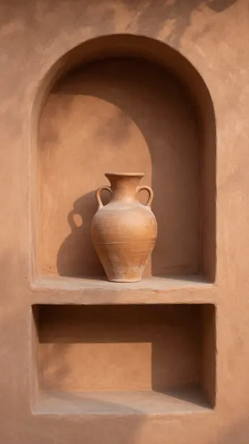 A handled clay vase sits inside a terracotta arched wall alcove in soft afternoon shadow