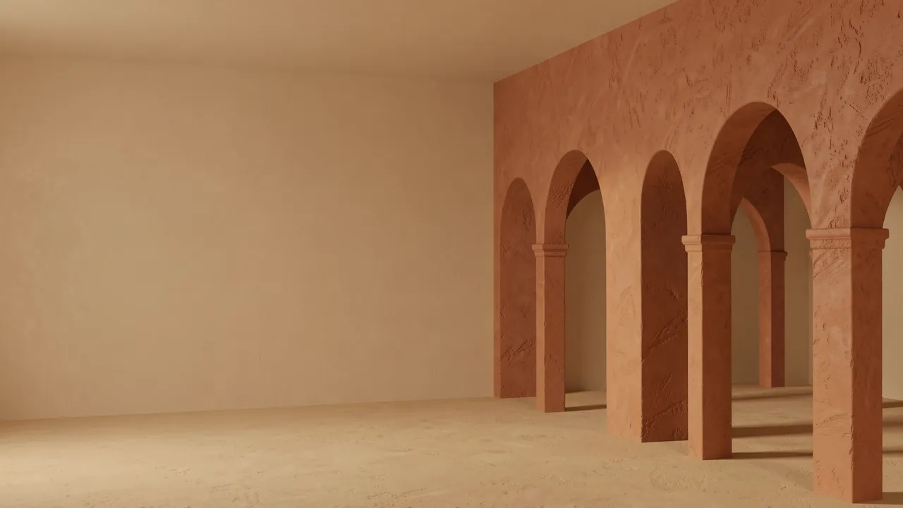 Empty sand-toned room with textured terracotta arches on the right and blank open space on the left