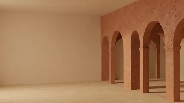 Empty sand-toned room with textured terracotta arches on the right and blank open space on the left