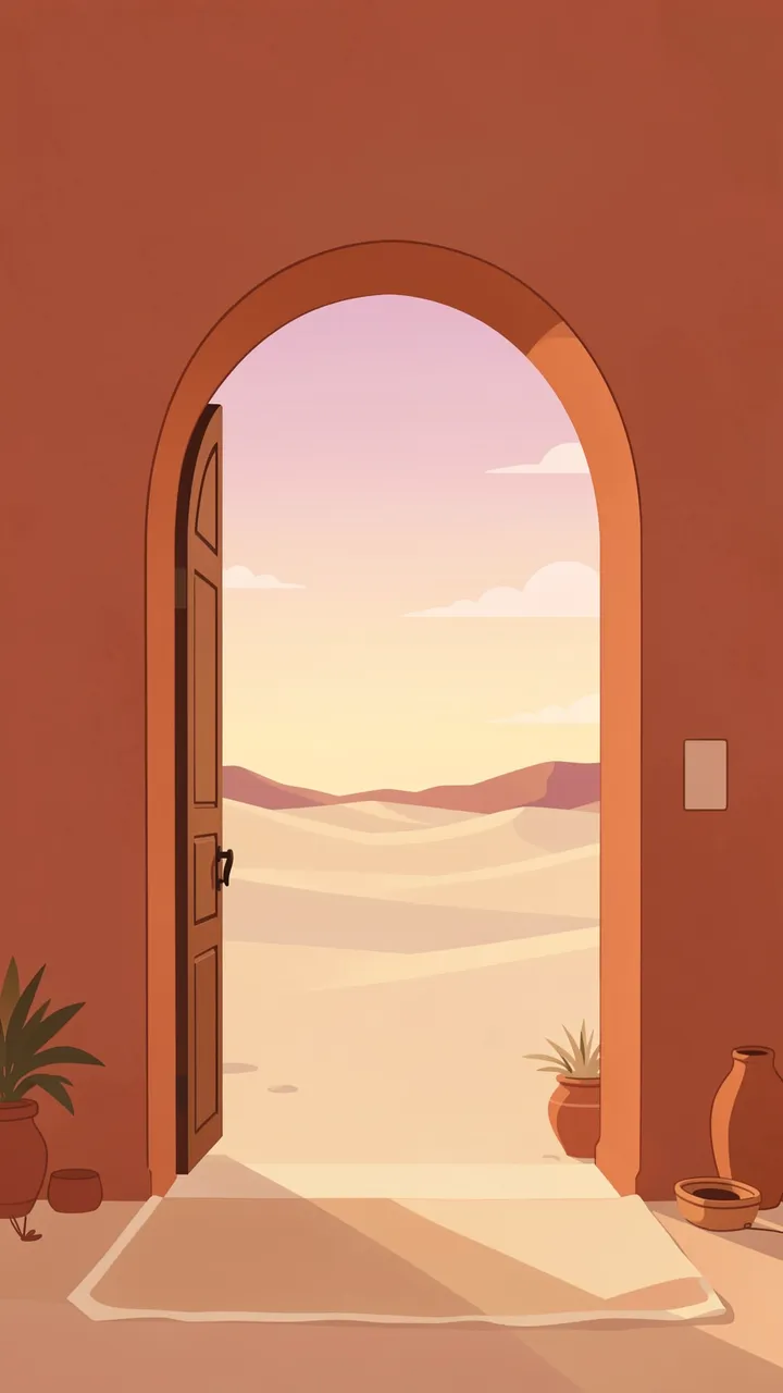 A terracotta arched doorway opens onto a pale sandy desert at soft pink and peach dusk.