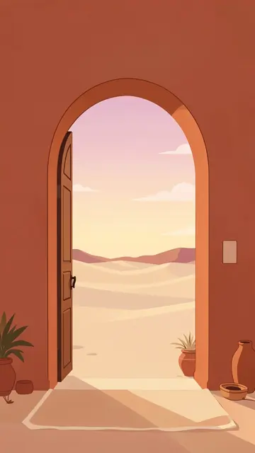 A terracotta arched doorway opens onto a pale sandy desert at soft pink and peach dusk.