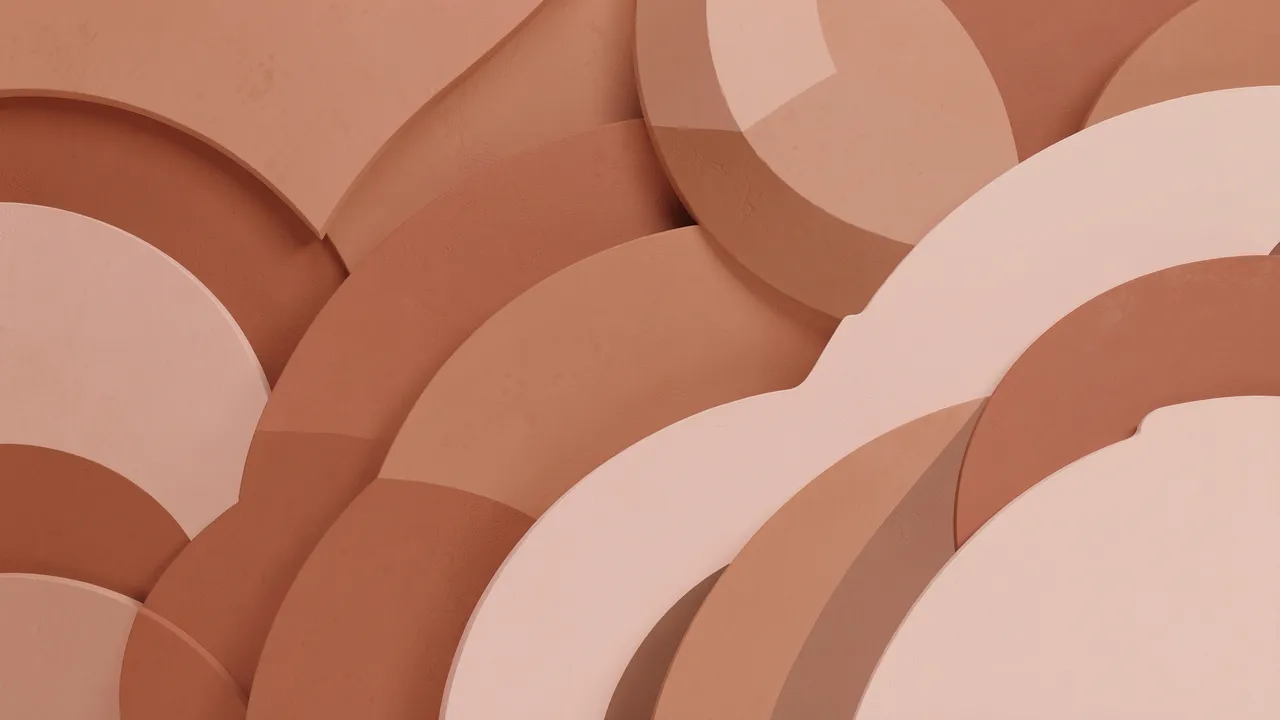 Smooth overlapping 3D arcs in warm terracotta and soft blush tones fill the frame as a minimal background