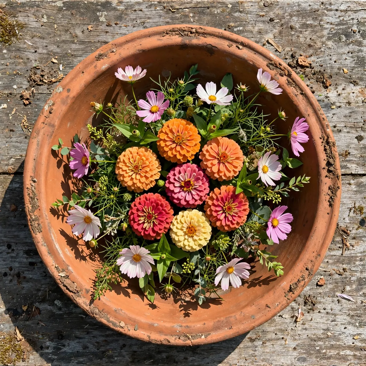 Overhead view of zinnia and cosmos flowers arranged in a weathered terracotta bowl on an old garden table in bright summer