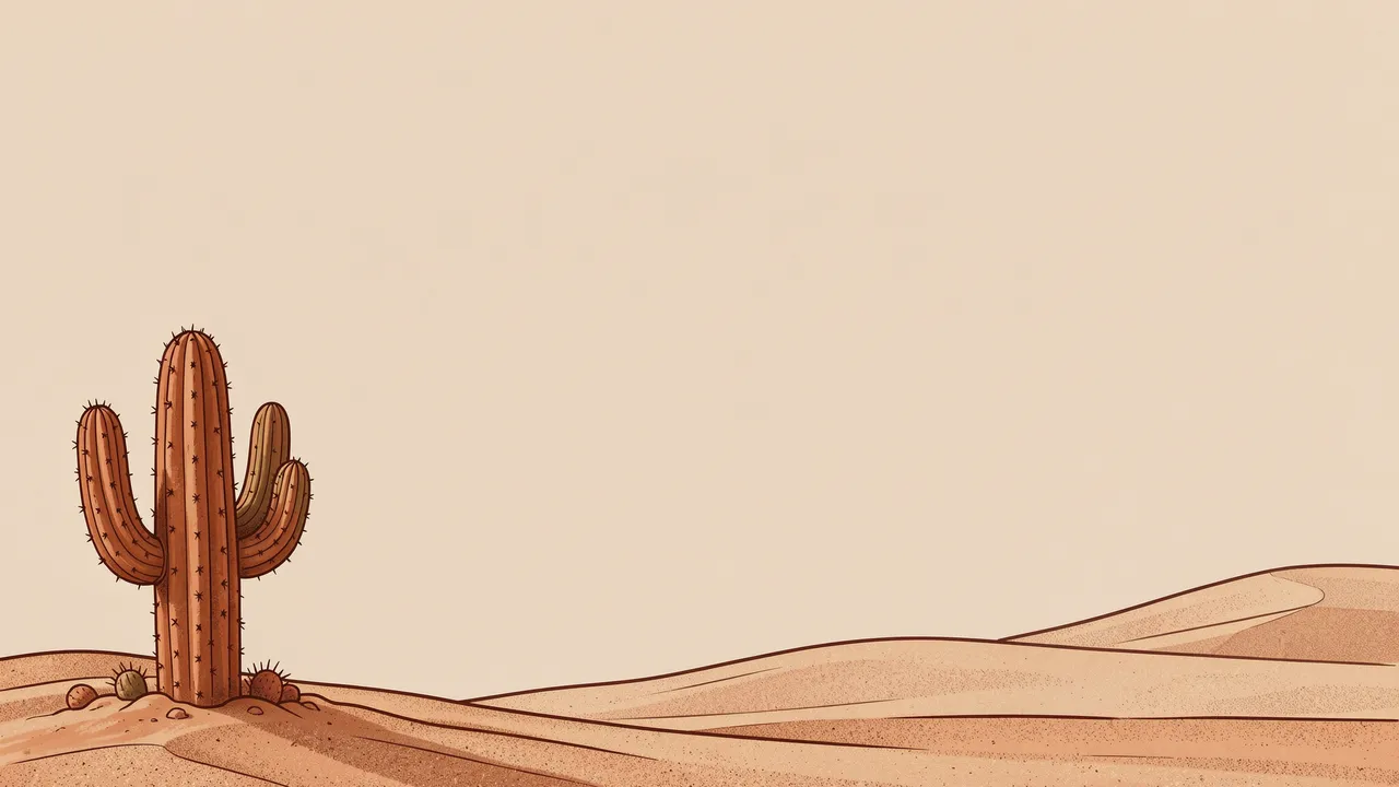Line art illustration of a saguaro cactus in the bottom left of a sandy desert background with ample empty copy space.