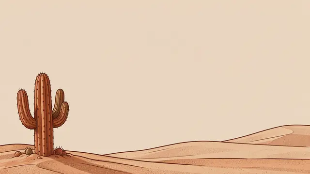 Line art illustration of a saguaro cactus in the bottom left of a sandy desert background with ample empty copy space.