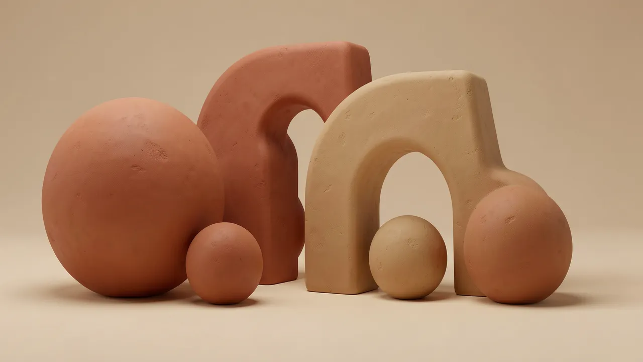 Arranged smooth terracotta and sand tone clay spheres and arch 3D forms against a neutral beige background