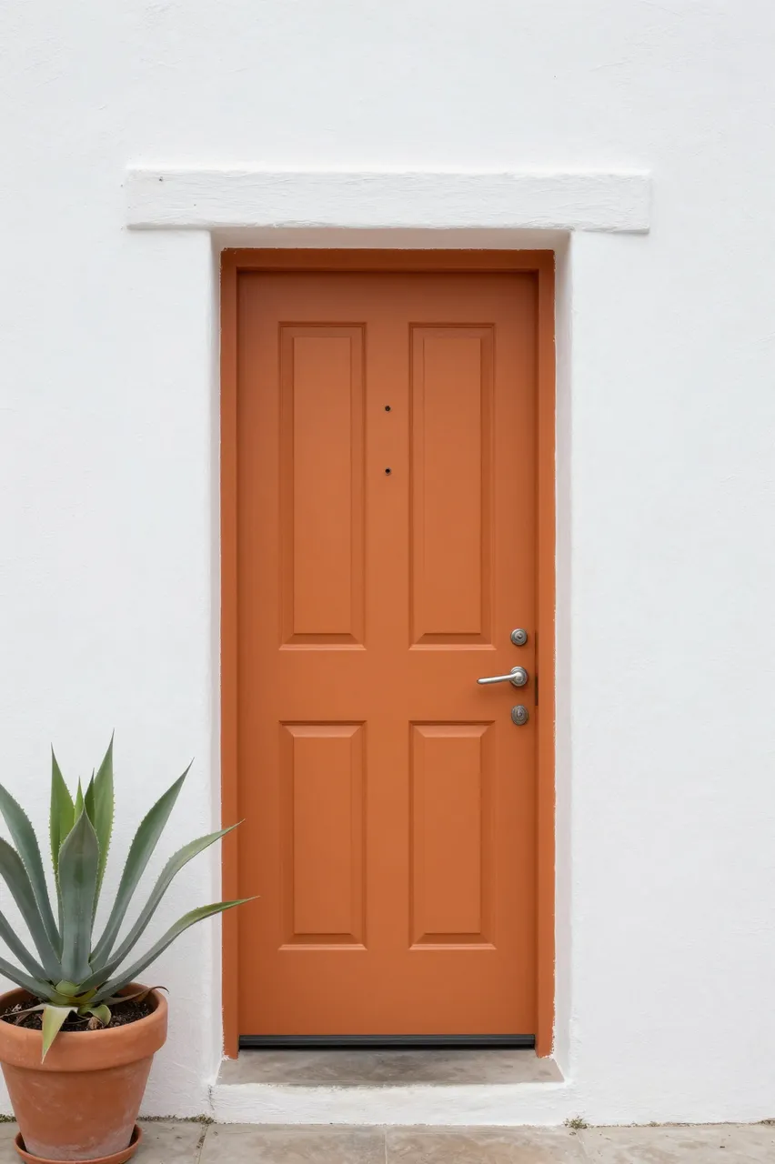 A terracotta orange paneled front door set in a white stucco wall next to a potted agave plant.