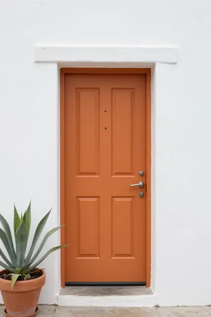 A terracotta orange paneled front door set in a white stucco wall next to a potted agave plant.
