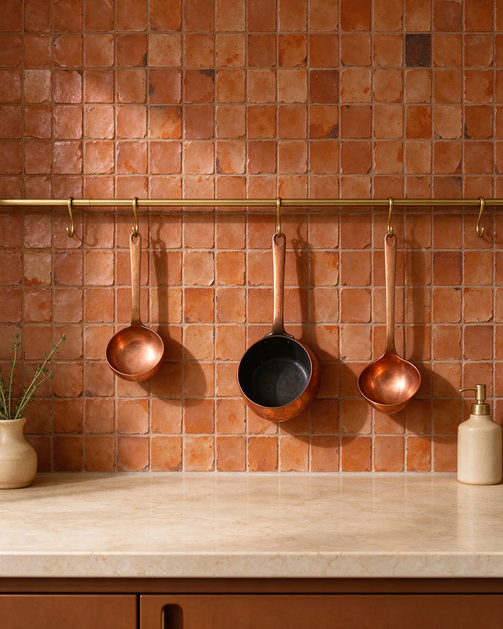 Warm terracotta zellige tile backsplash with hanging copper cookware above a cream countertop