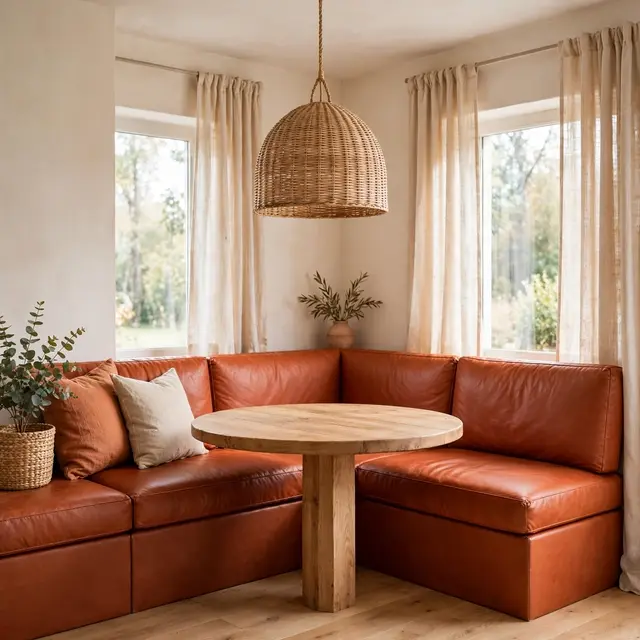 A cozy corner booth breakfast nook with terracotta leather seating, round wooden table and wicker pendant light in a sunlit