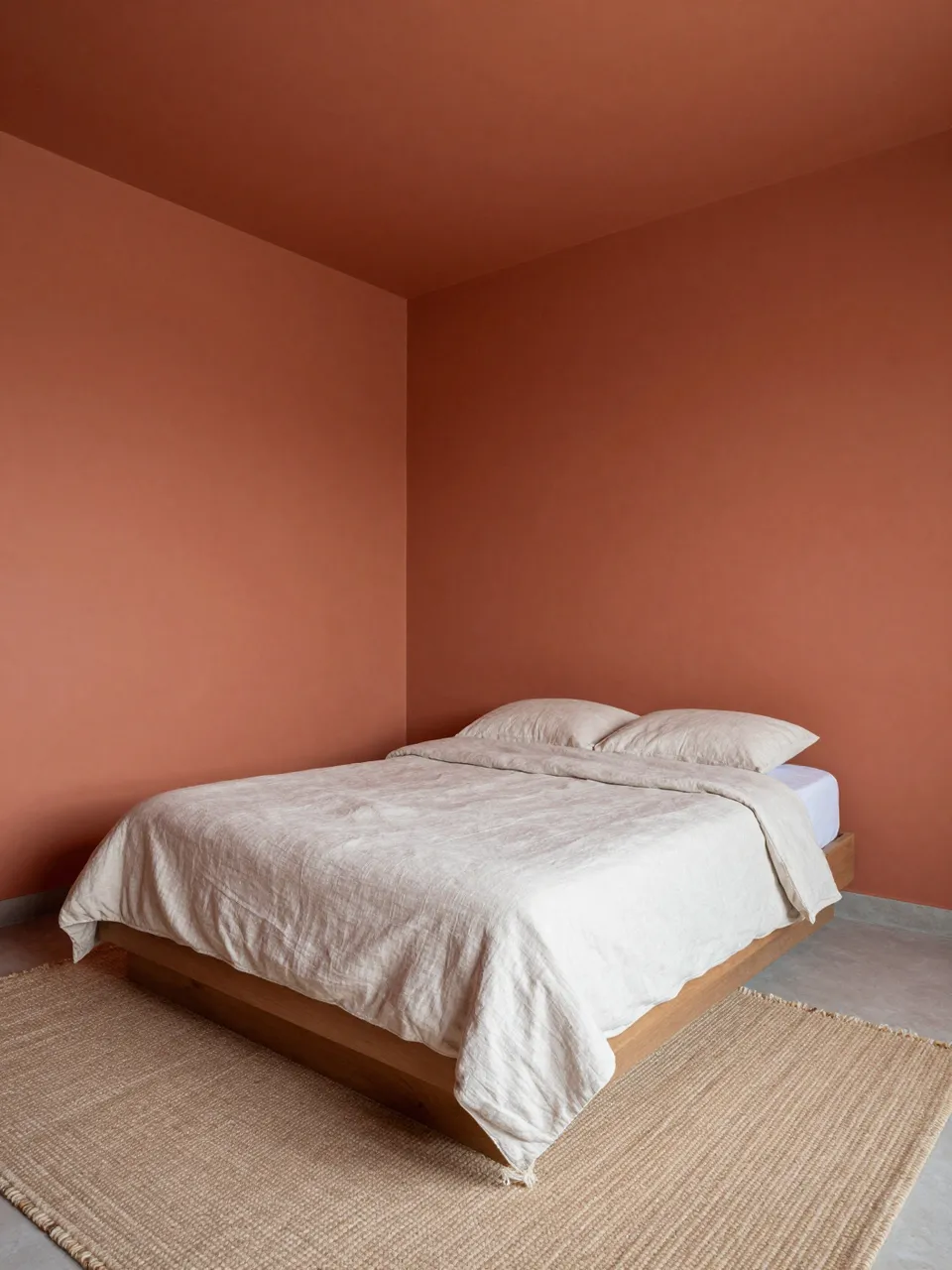 A serene minimalist bedroom with terracotta walls, low linen bed, and woven jute rug.