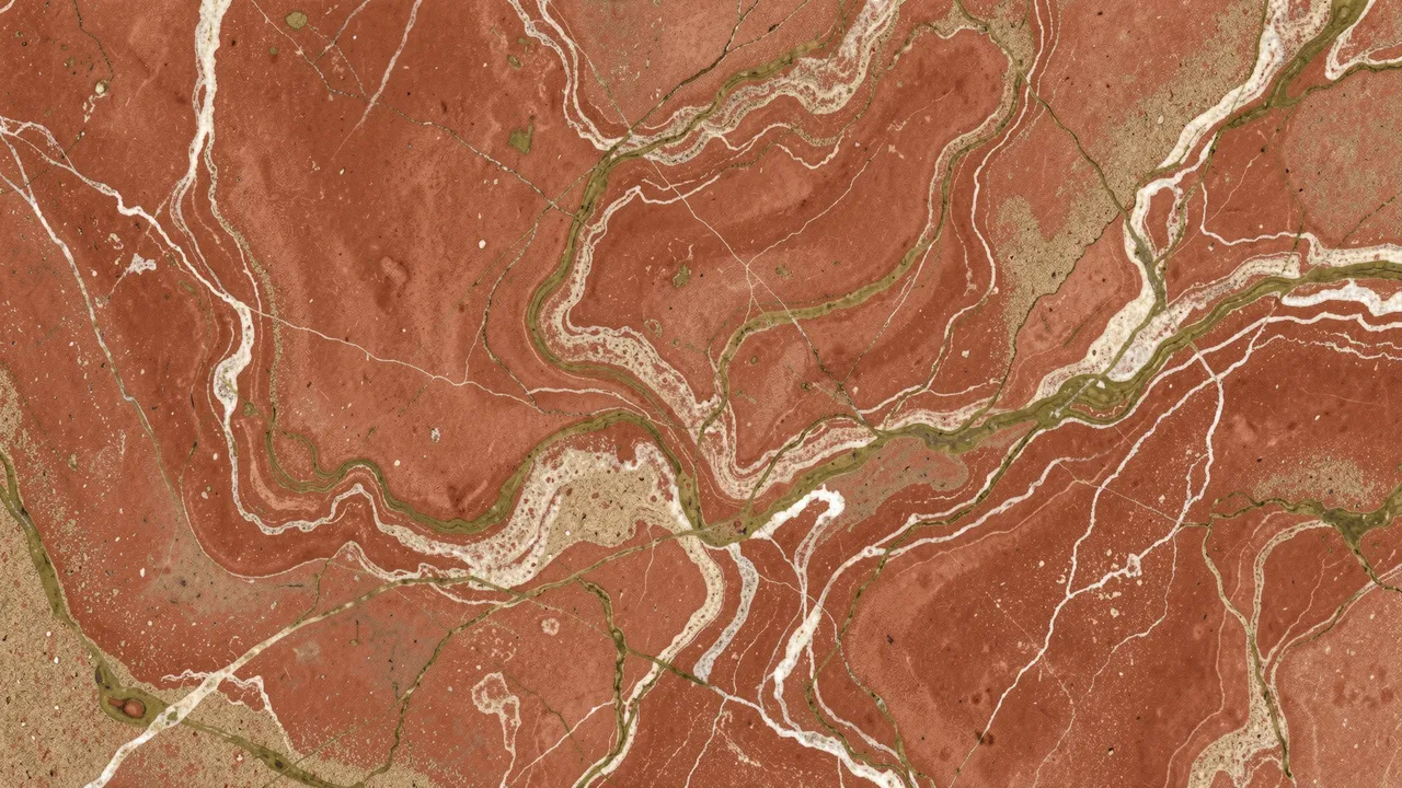 Full frame view of marbled paper with swirling terracotta, sand, and olive stone-like veins