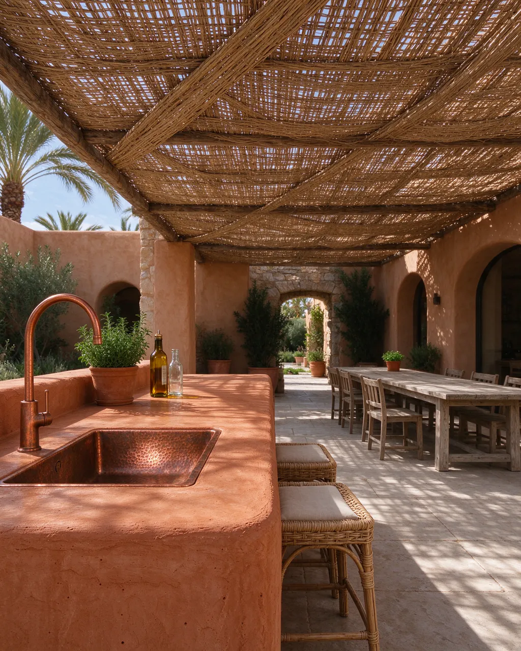 A shaded outdoor patio features a terracotta plaster counter with a copper sink and a long wooden dining table.
