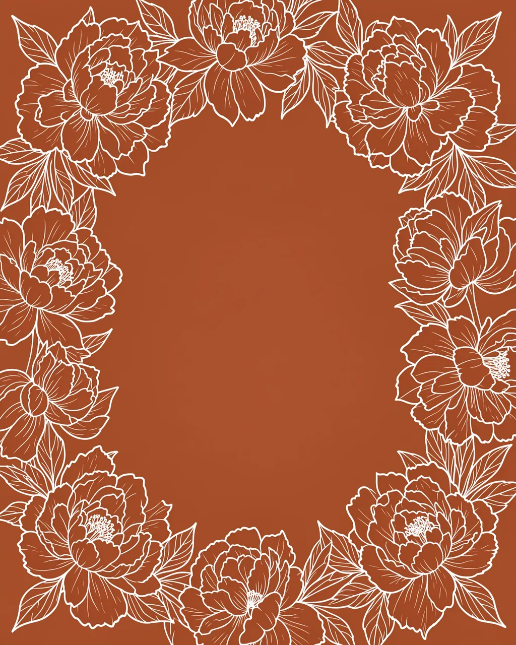 White peony and leaf line art forms a decorative border around an empty terracotta background.