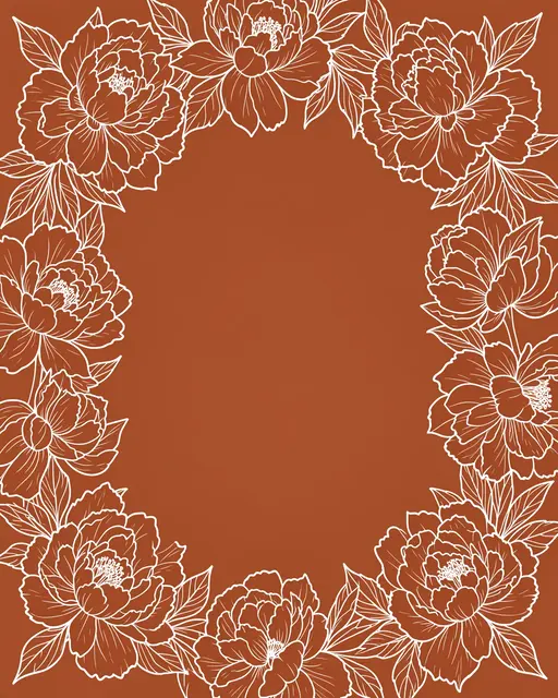 White peony and leaf line art forms a decorative border around an empty terracotta background.