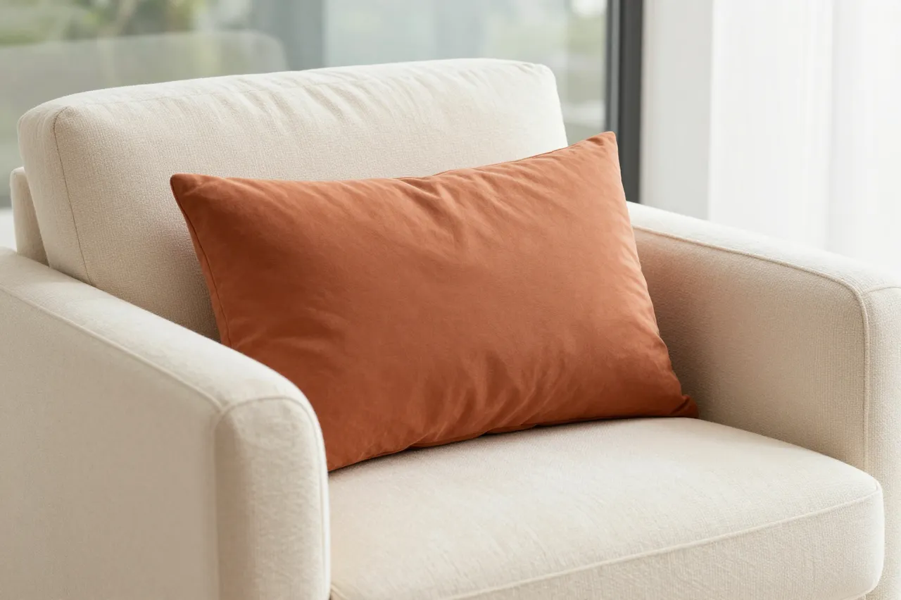 A plain terracotta lumbar pillow rests on a cream upholstered armchair beside a bright window.