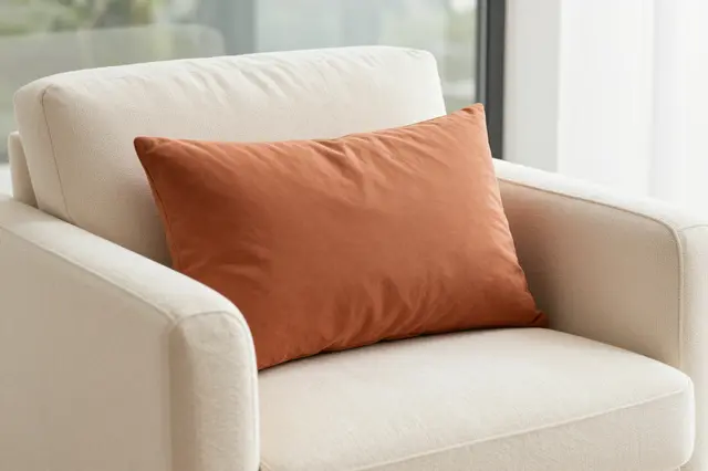 A plain terracotta lumbar pillow rests on a cream upholstered armchair beside a bright window.