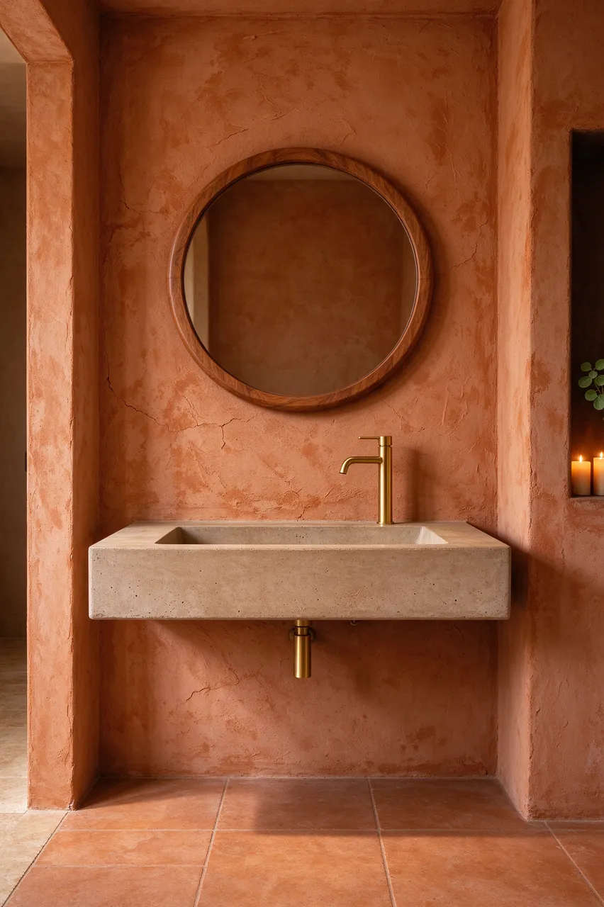 A floating concrete sink sits below a round wooden mirror on textured terracotta plaster walls