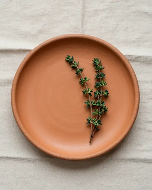 Top down view of a terracotta plate holding thyme sprigs resting on sand colored linen fabric