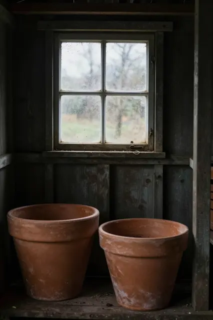 Two weathered terracotta plant pots sit on a wooden shelf below a dusty paned shed window.
