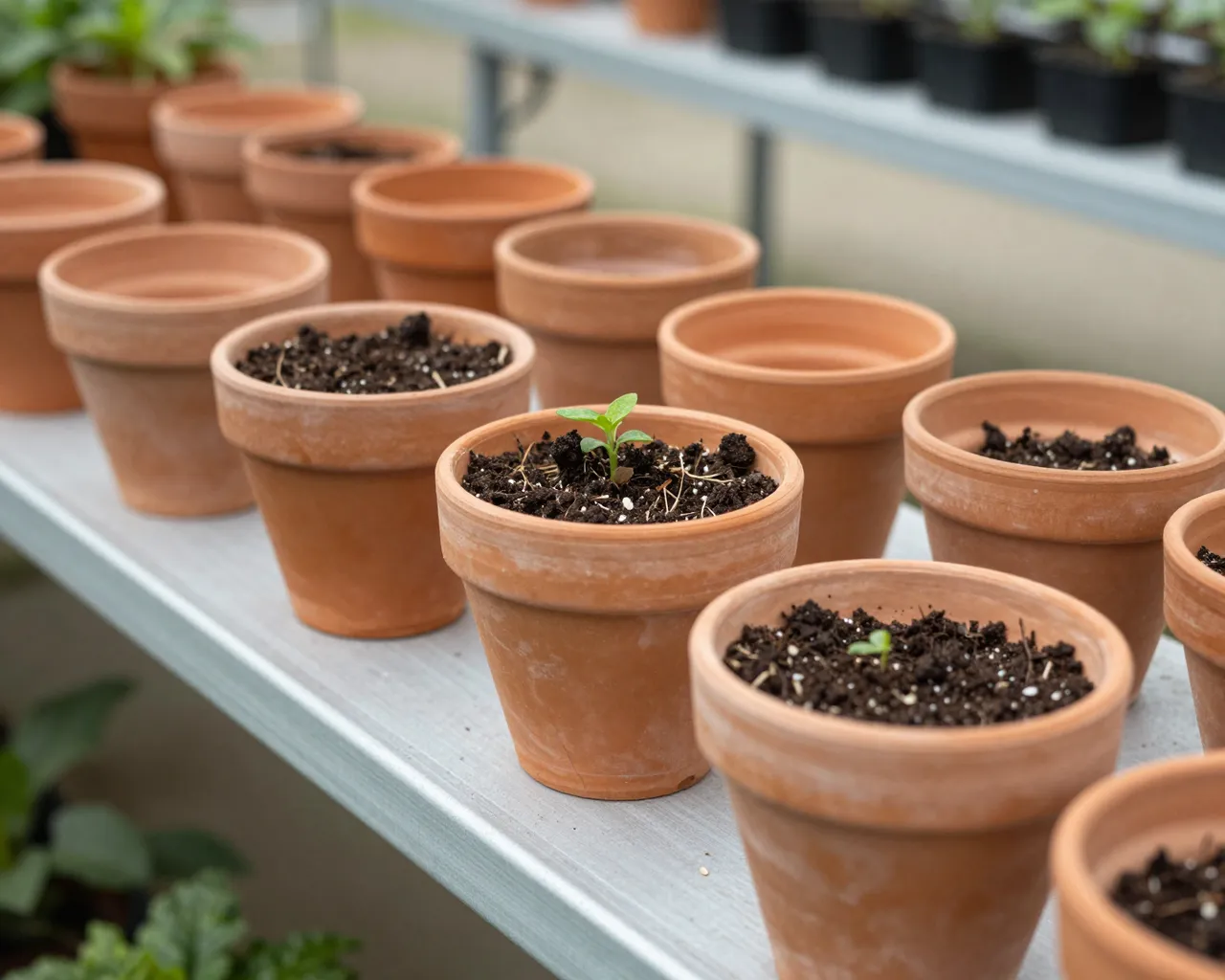 Rows of terracotta pots with potting soil and small seedlings sit on a metal potting bench inside a greenhouse