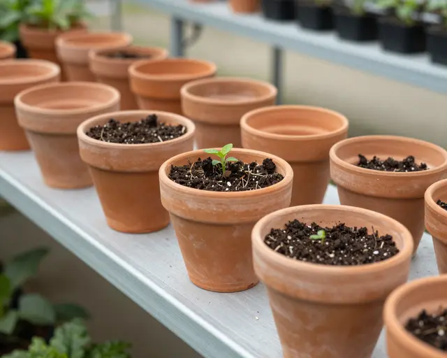 Rows of terracotta pots with potting soil and small seedlings sit on a metal potting bench inside a greenhouse