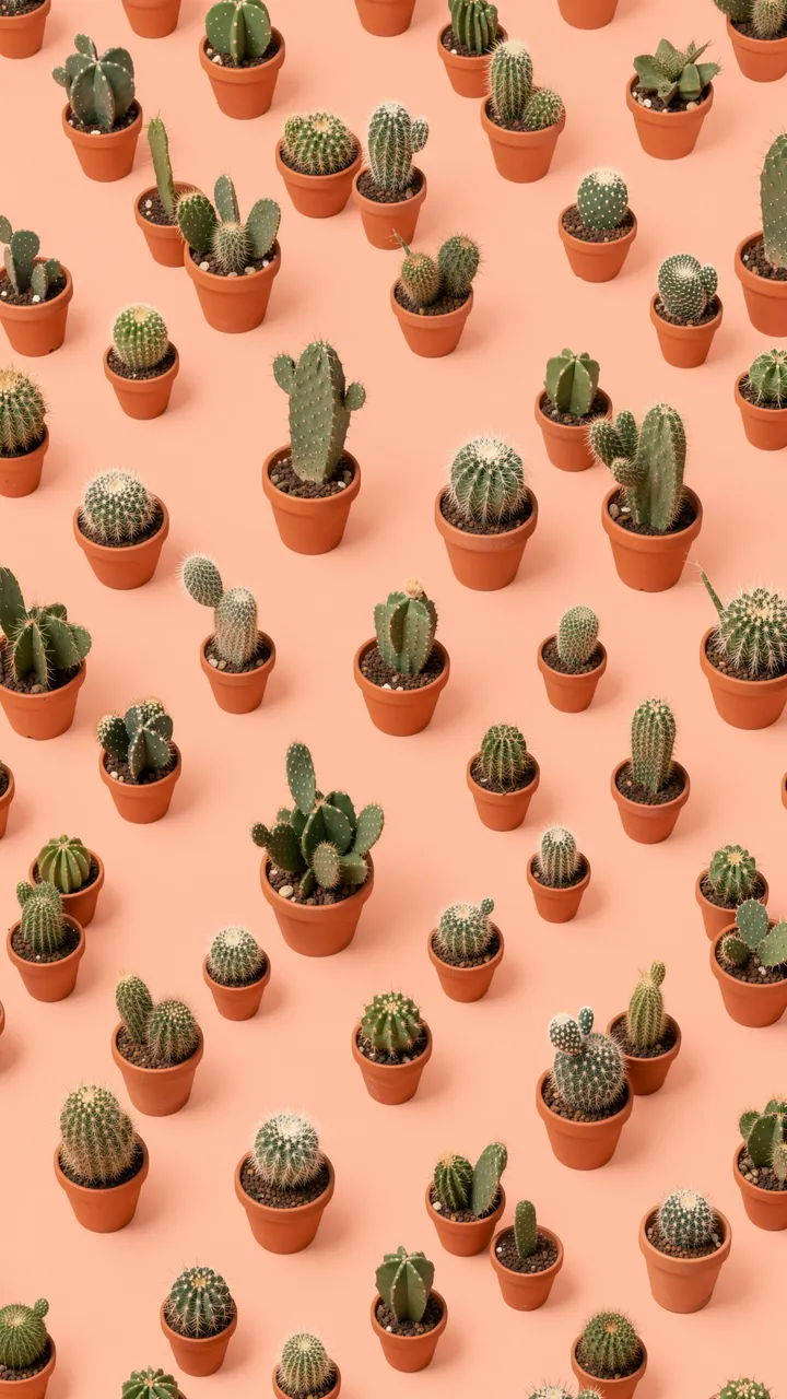 Scattered small potted cacti in terracotta pots on a solid peach background