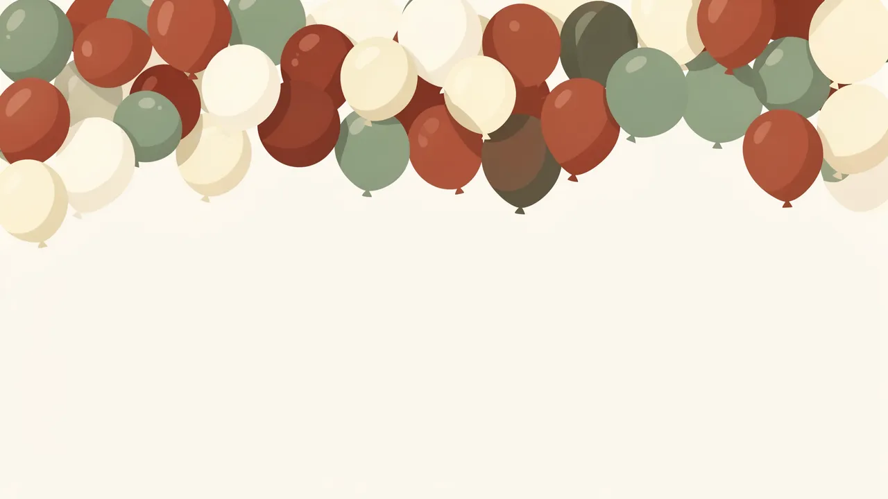 A flat vector balloon garland in terracotta, sage and cream sits along the top edge with empty pale space below.