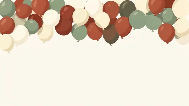 A flat vector balloon garland in terracotta, sage and cream sits along the top edge with empty pale space below.