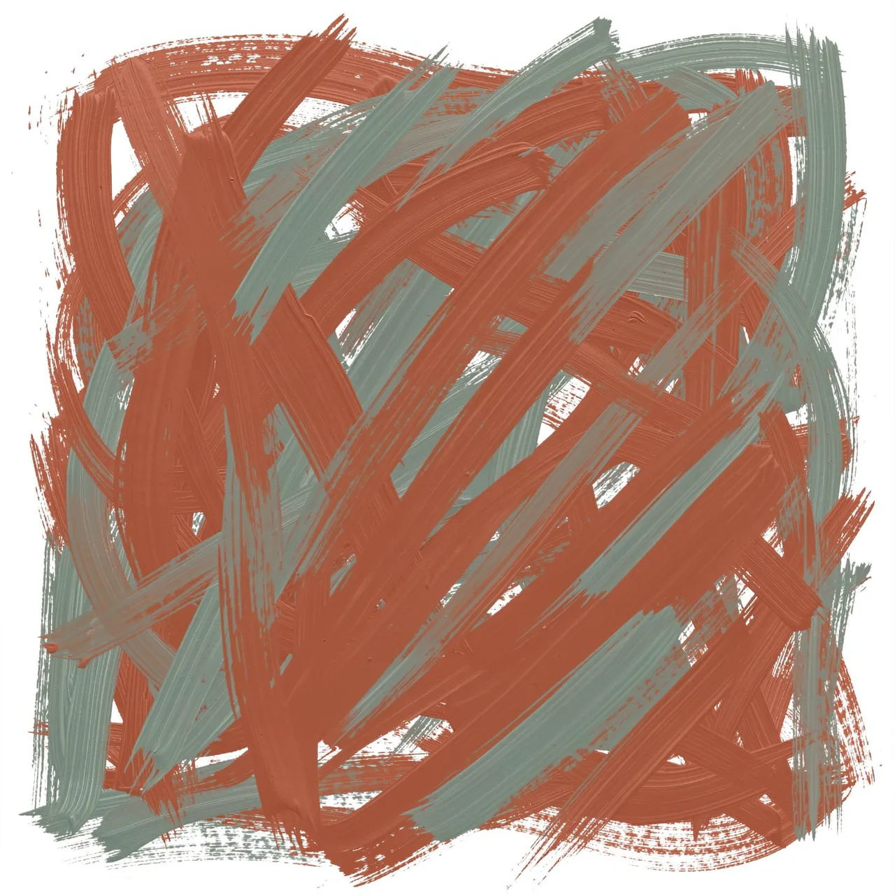 Overlapping loose diagonal terracotta and sage green brush marks on a plain white background