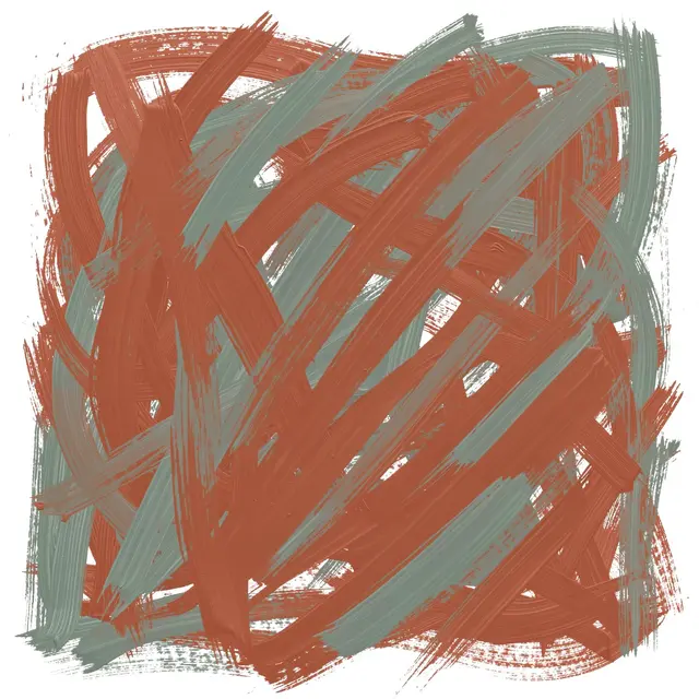 Overlapping loose diagonal terracotta and sage green brush marks on a plain white background