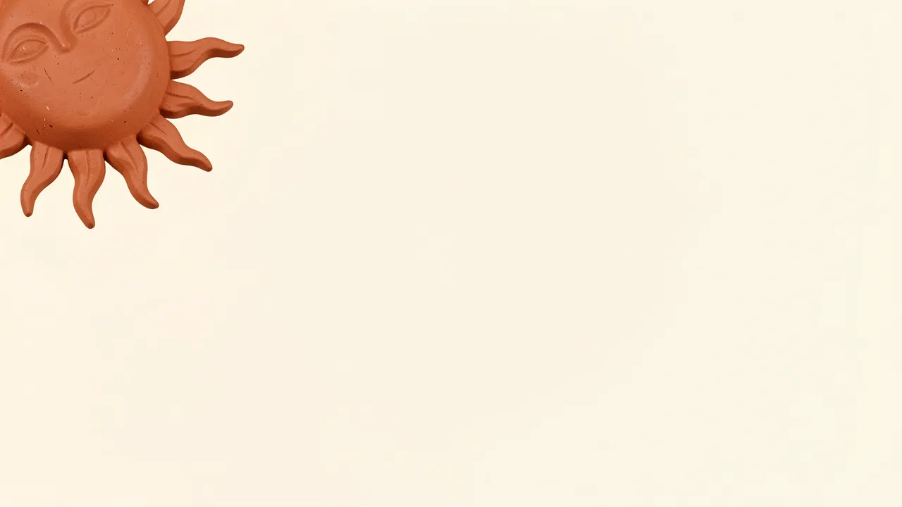 A partial terracotta sun decoration sits in the top left corner of a soft cream blank background