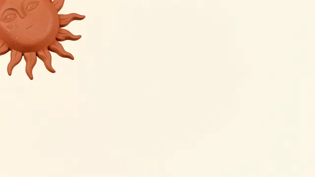 A partial terracotta sun decoration sits in the top left corner of a soft cream blank background
