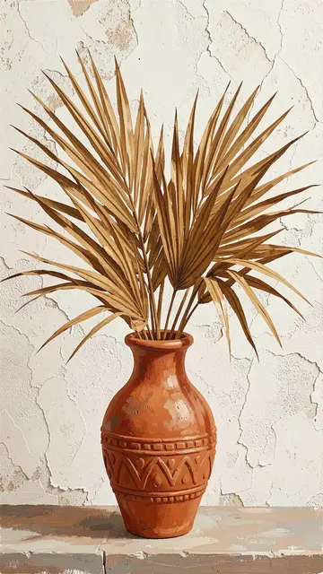 A gouache illustration of an embossed terracotta vase holding dried palm fronds against a cracked plaster wall.