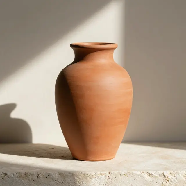 A plain matte terracotta vase sits on a stone plinth in warm sunlight with soft cast shadows.