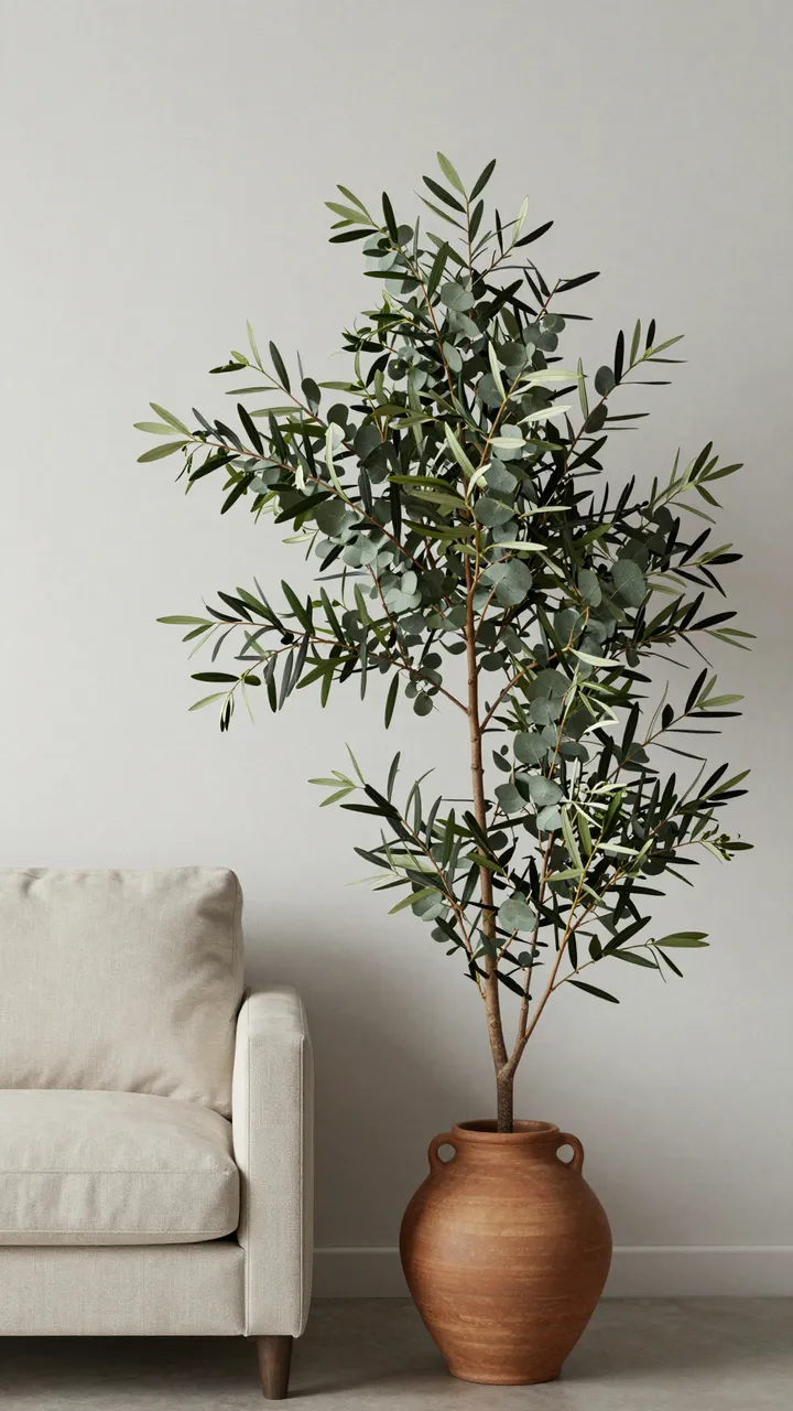 Tall eucalyptus and olive foliage arrangement in a terracotta vase sits next to a beige linen sofa against a plain wall