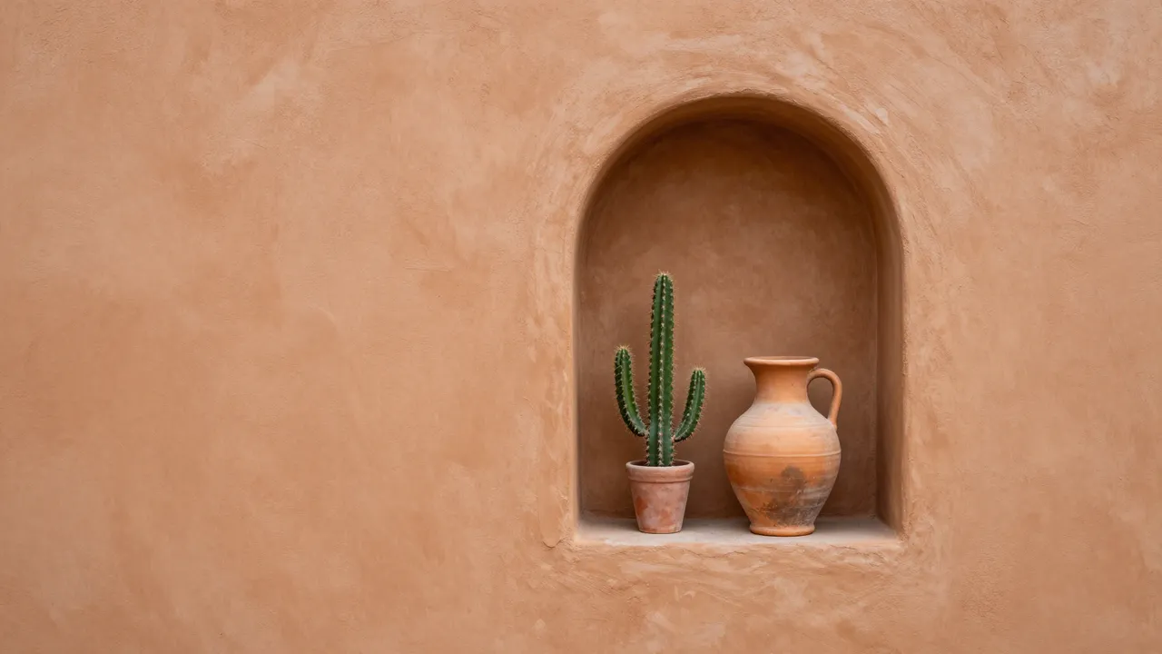Arched terracotta wall niche holding a potted cactus and clay pitcher against a warm stucco wall