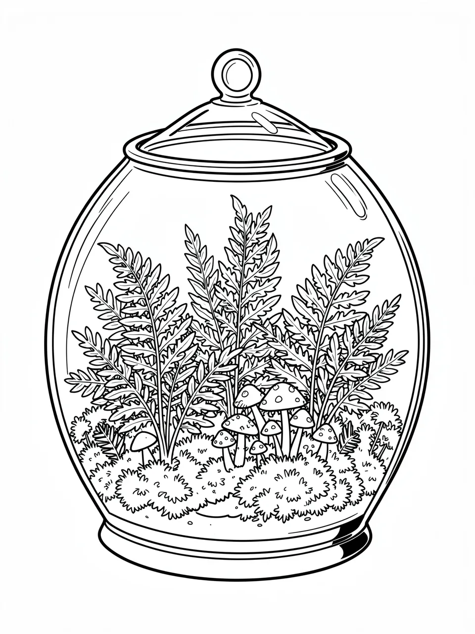 Black and white line art of a lidded glass terrarium filled with ferns, moss and tiny mushrooms on a white background