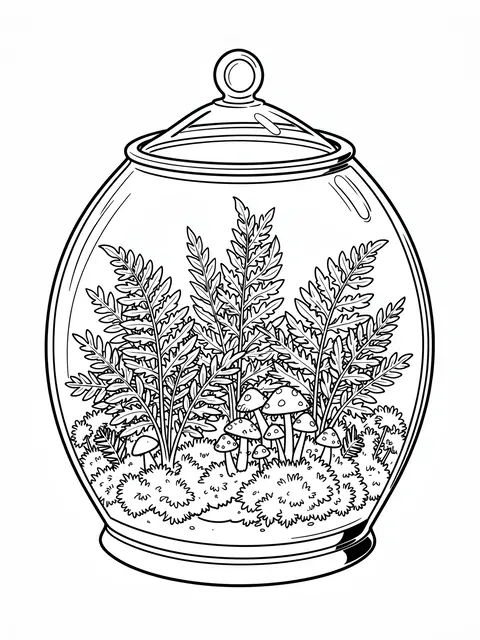 Black and white line art of a lidded glass terrarium filled with ferns, moss and tiny mushrooms on a white background