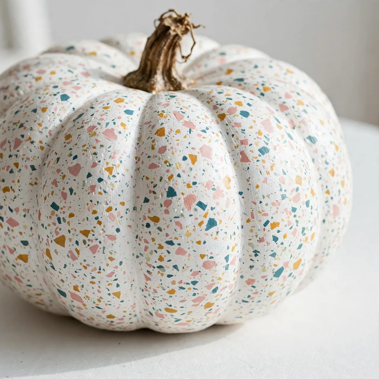 Close-up of a hand-painted terrazzo speckled pumpkin resting on a white smooth table
