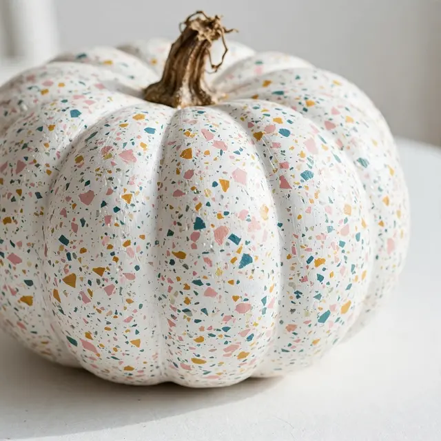Close-up of a hand-painted terrazzo speckled pumpkin resting on a white smooth table