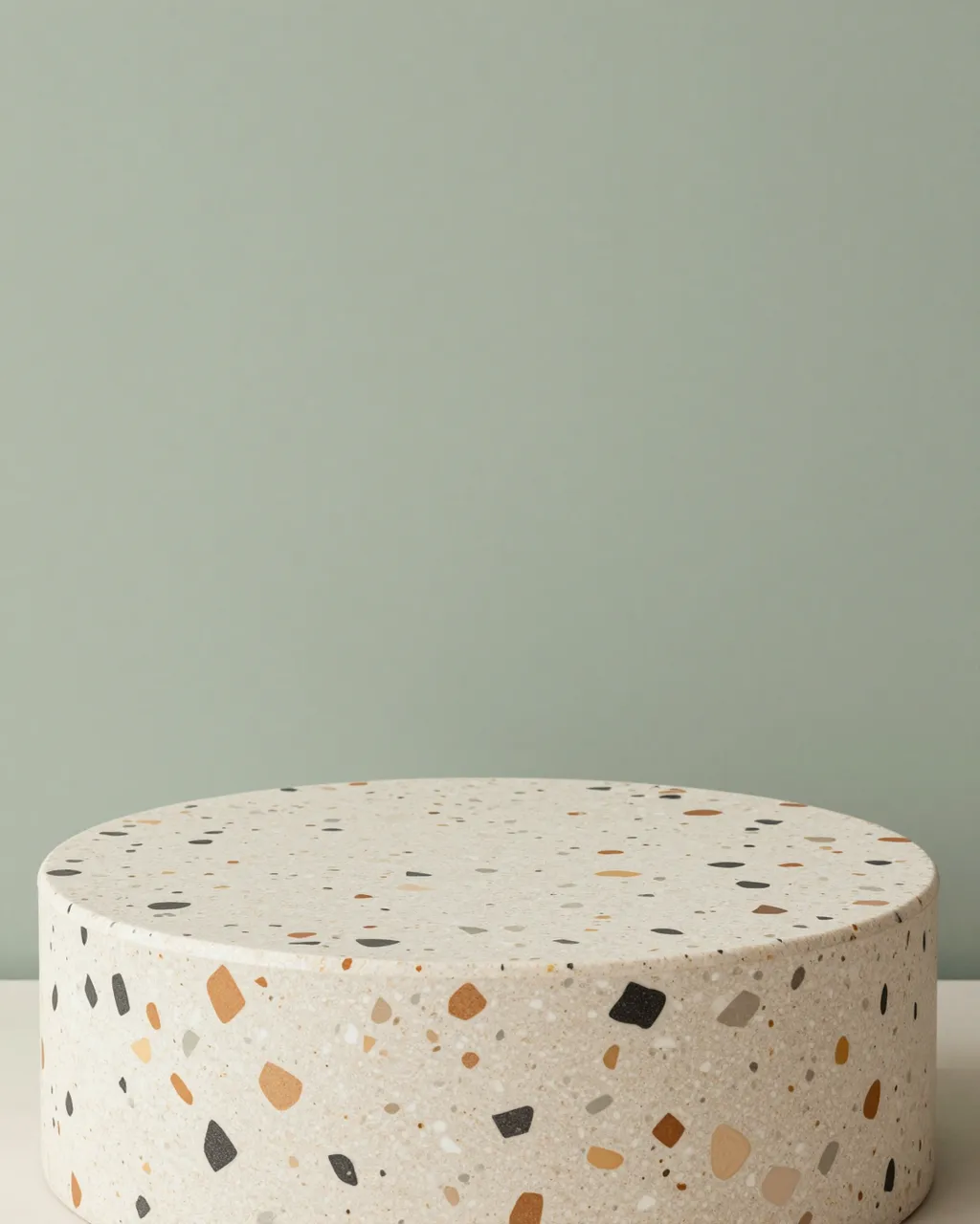 Round terrazzo display podium sits against a plain soft sage green background with empty copy space