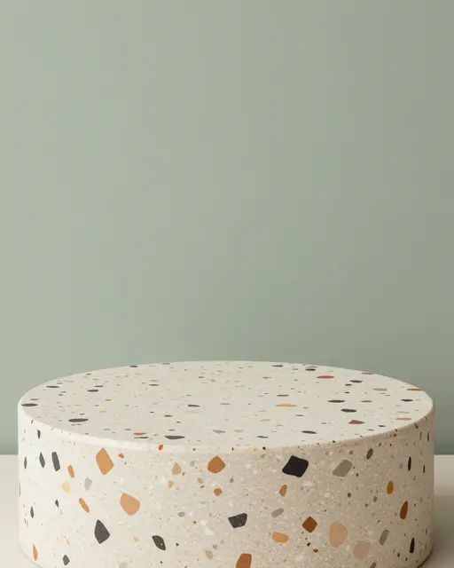 Round terrazzo display podium sits against a plain soft sage green background with empty copy space