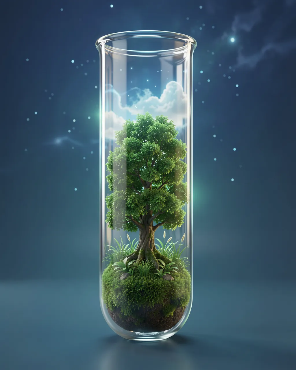 A glass test tube holding a tiny green tree, moss and grass sits against a glowing starry blue background
