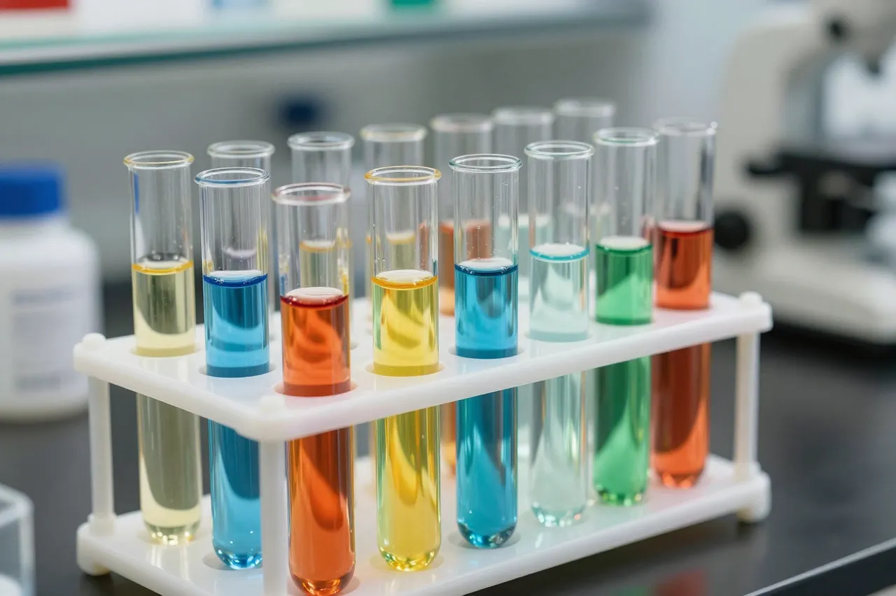 A white plastic rack holds glass test tubes filled with brightly colored liquids on a lab bench