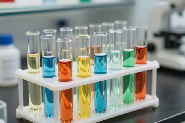 A white plastic rack holds glass test tubes filled with brightly colored liquids on a lab bench