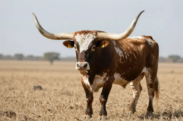 A brown and white Texas longhorn with large horns stands facing the camera in a dry grassy field