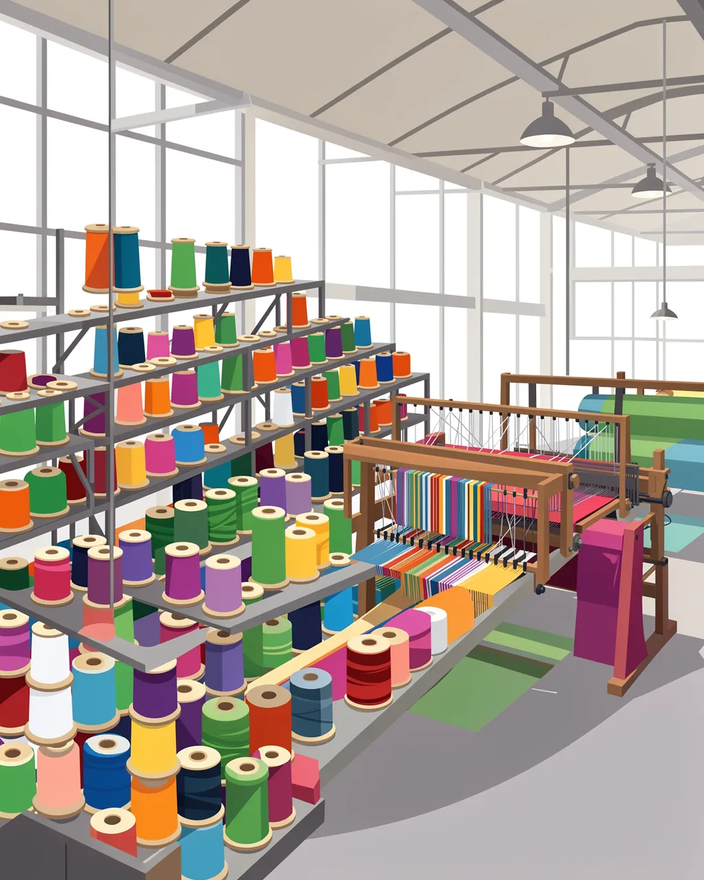 Flat vector illustration of a sunlit textile factory interior with stacked colorful thread spools and a wooden weaving loom
